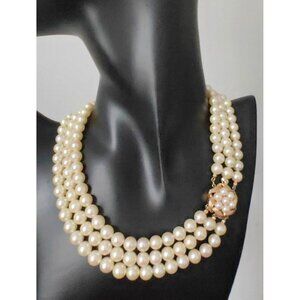 Mikimoto 4.44-7.5mm 3 triple strand akoya pearl necklace Gold14k with case